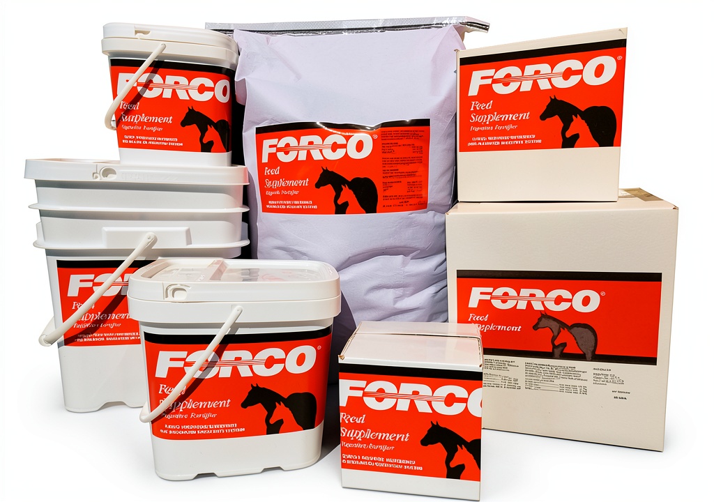 Horse being fed FORCO probiotic pellets in a stable