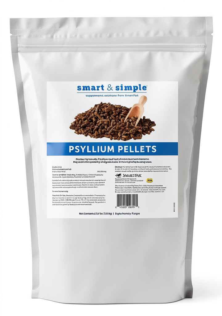 Horse being fed psyllium fiber supplement in a sandy pasture
